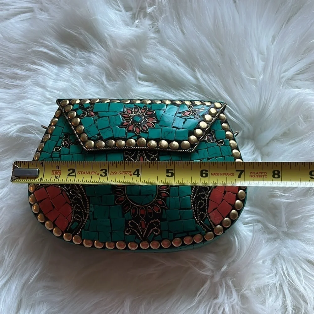 🆕 RAMLA Handmade Moroccan Turquoise Tile Mosaic Clutch Crossbody Bag Gold Chain